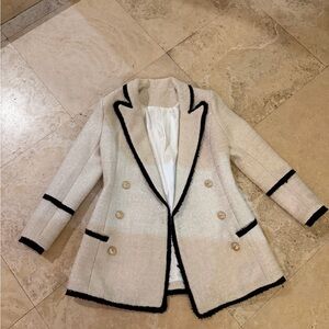 Pleaser Cream Tweed Double-Breasted Blazer with Black Trim